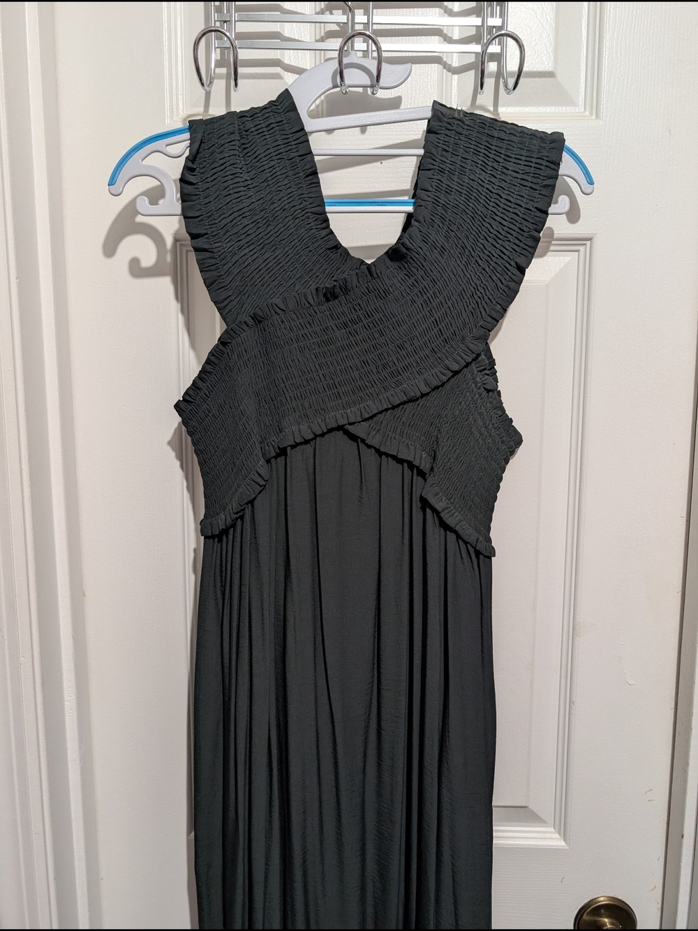 Smocked Cross-Front Green Maxi Dress